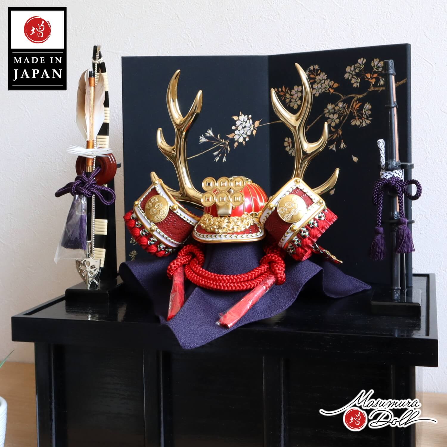 五月人形  京製 手描き桜 夜桜 屏風 真田幸村 六文銭 赤糸 兜 国産 黒木目塗収納 本藤巻弓太刀 10002528