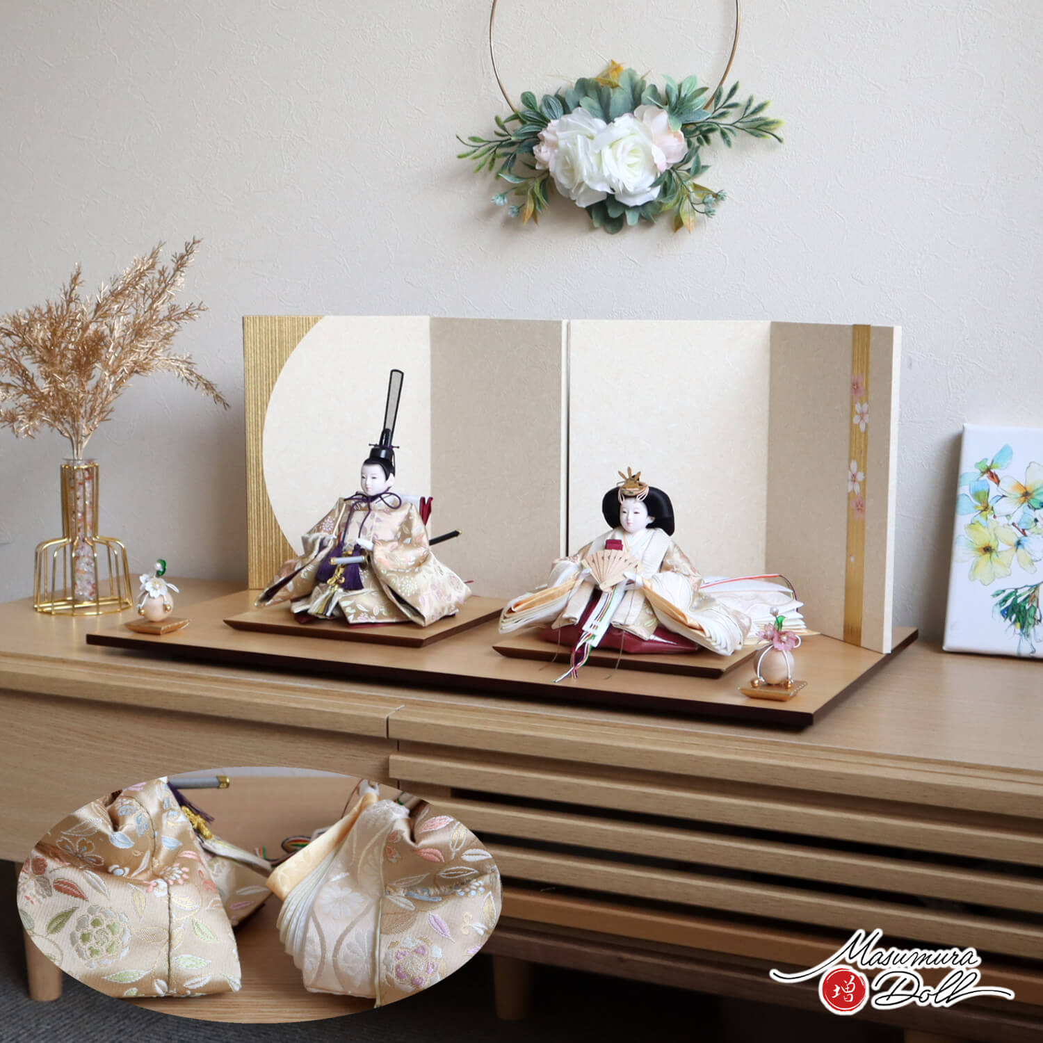 雛人形 残りわずか 最新作 内閣総理大臣賞受賞作家 松宝作 25号 芥子 正絹西陣織 白茶 唐草 唐花 菊立涌 無地扇 金ライン手描き桜屏風 クリアフラワー桜 杉製平台 増村人形店 10002893
