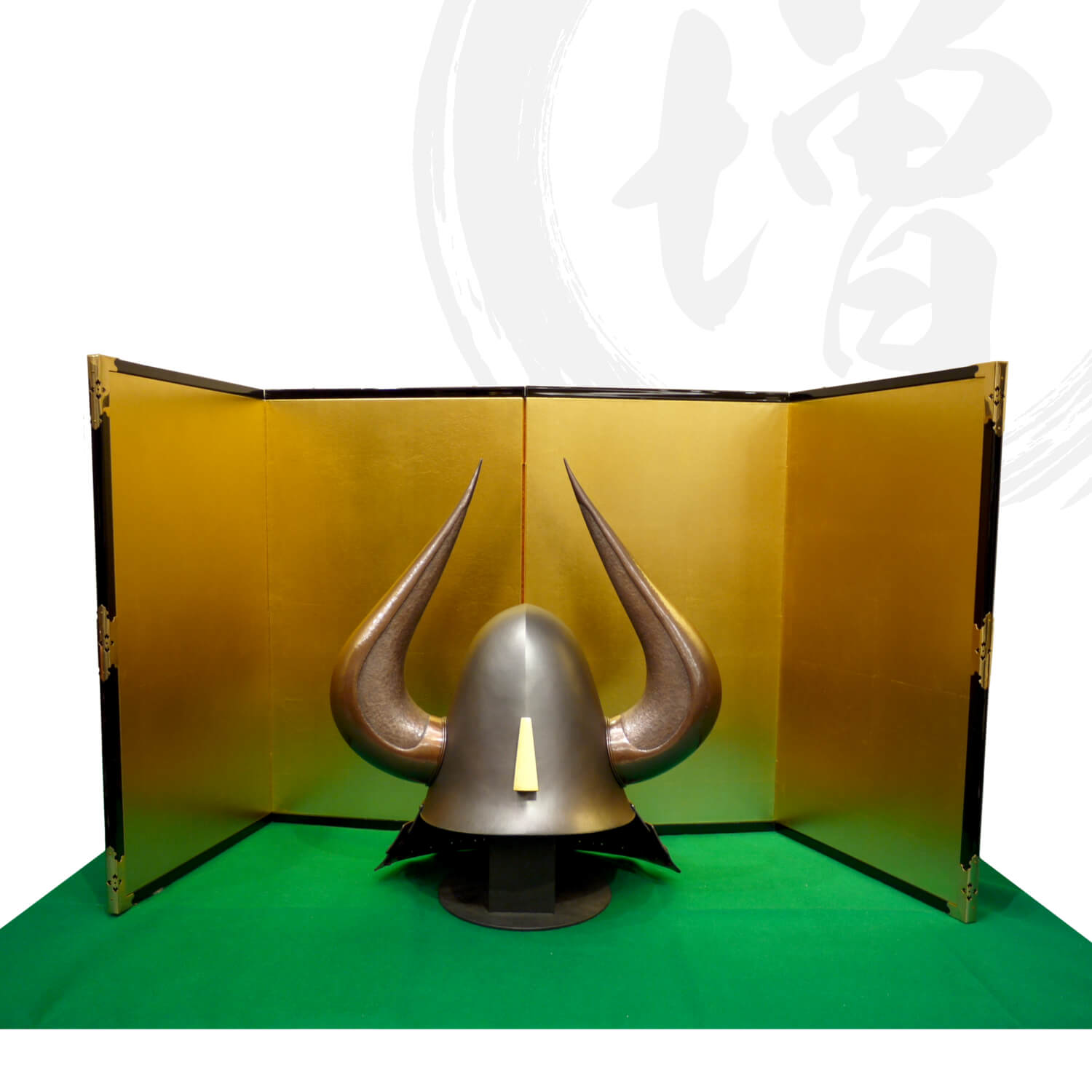 五月人形 平安武久作 銅叩き出し黒田長政 大水牛脇立兜 屏風京製「北村松月堂」箔押 増村人形店 10000413