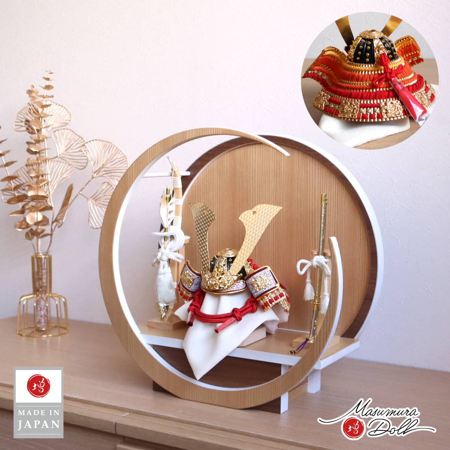 五月人形 伝統工芸士 誠山作 7号 赤糸縅兜 無双結び 金小札 37A 月-tsuki- 日本製円形ナチュラル杉 ウォールナット飾り ヒノキ製本藤巻弓太刀 増村人形店 10001932