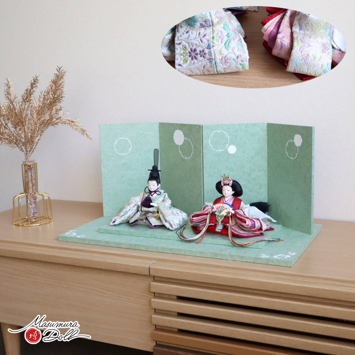 雛人形 新作 増村オリジナル 柳 親王飾り 蔓草花 パステル グリーン 雪輪牡丹 盛上手描きセット iwa 増村人形店 シンプル コンパクト 10003011