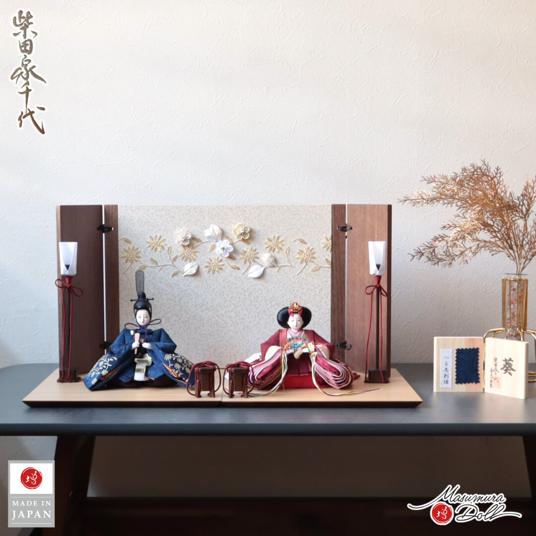 雛人形 コンパクト モダン おしゃれ インテリア ひな人形 おひなさま 柴田家千代 葵雛 ちりめんペーズリーつる花刺繍 ラインストーン かわいい お雛様 雛 親王飾り 増村人形店 MMN3672
