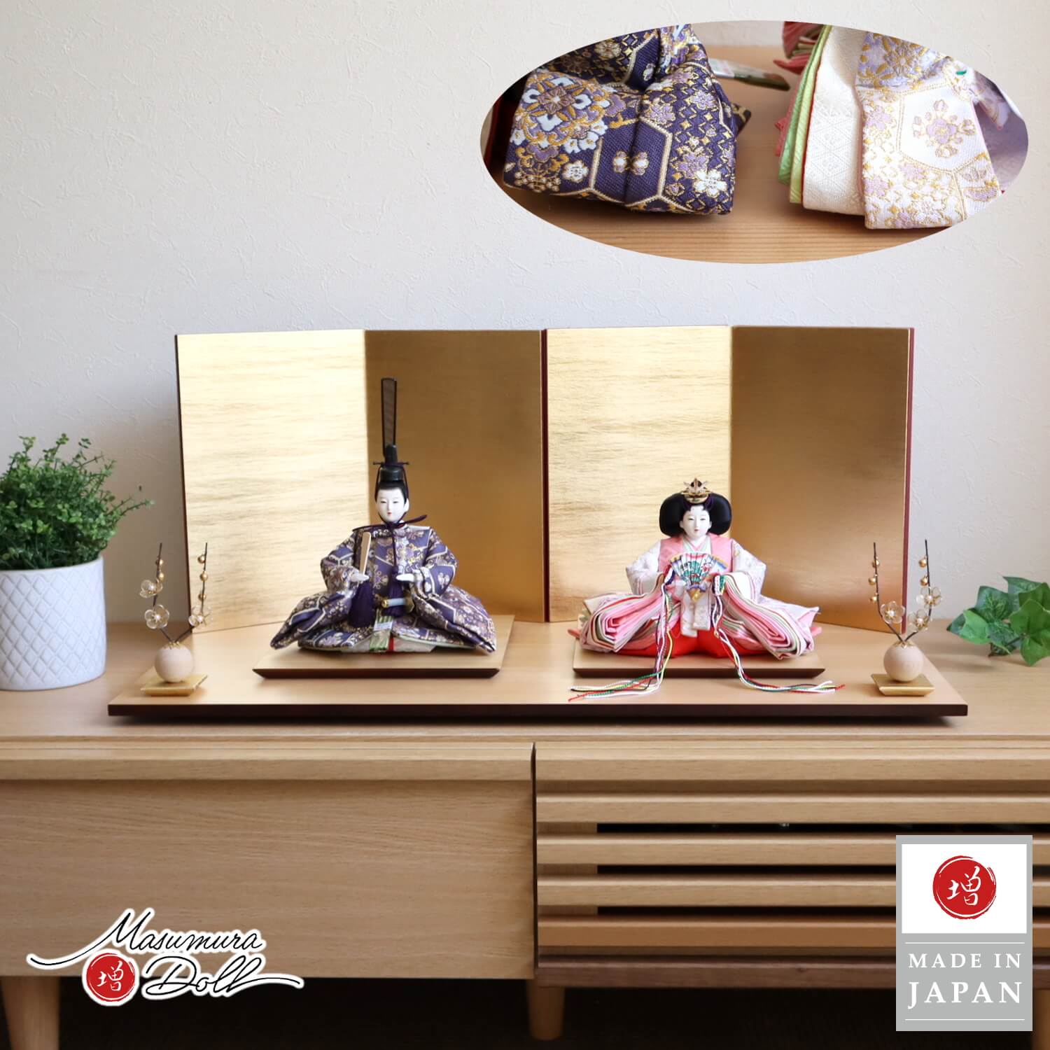雛人形 新作 伝統工芸士・清水光雲監修 春光作 25号 芥子 極上金襴「亀甲に桜」済美箔屏風 クリアフラワーゴールド梅 ナチュラル杉製平台 増村人形店 モダン ひな人形 10002592