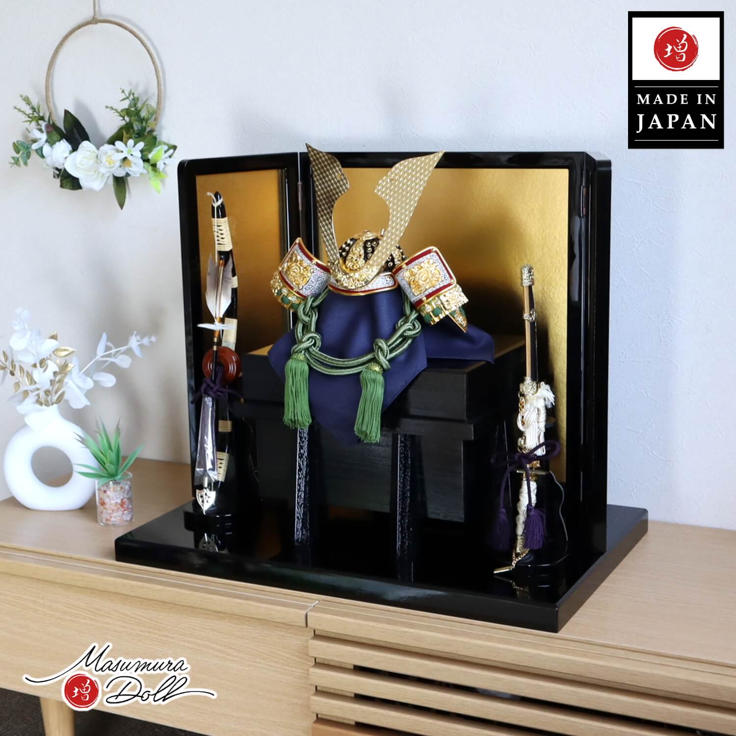 五月人形  伝統工芸士 誠山作 10号 濃緑糸縅兜 萌葱裾濃 無双結び 金小札 合せ鉢 黒枠箔押屏風 本藤巻弓太刀 黒木目唐櫃 10002663