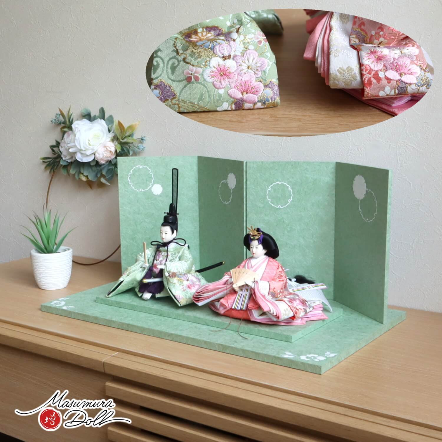 雛人形 最新作 増村人形店 オリジナル 華峰作 芥子親王 桜刺繍 無地扇 雪輪牡丹 盛上手描きセット ymd 10002450