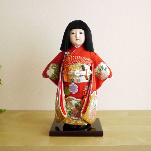 元賀章介作 10号(尺) 正絹手描 雪輪 赤色 手塗本漆台 市松人形
