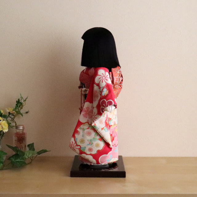 元賀章介作 12号(尺二)別染 着尺 梅に桜 濃いピンク色 台 市松人形