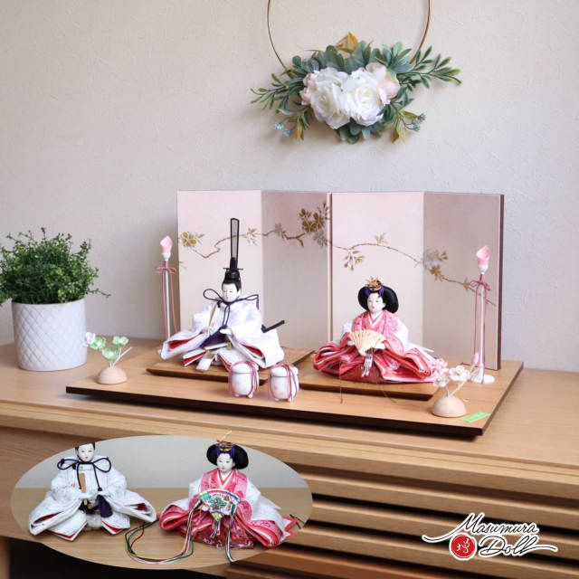 雛人形 華峰作 芥子親王 西陣織白ピンク唐草 桜ぼかし金銀桜屏風 木製燭台 貝桶 半円ナチュラルちりめん桜橘 ナチュラル杉製平台 増村人形店 10003032