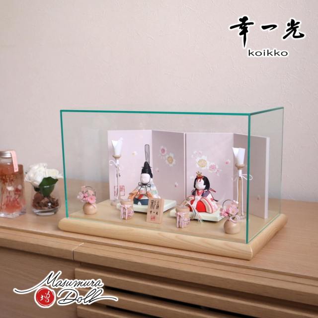 幸一光作 彩-AYA- 増村オリジナル 正絹西陣織市松(大) 誉勘商店謹製 屏風二曲一双 手描き桜 木製燭台 ナチュラル丸玉桜 木製手描き貝桶 アクリルパノラマケース 増村人形店 ケース飾り 10001803