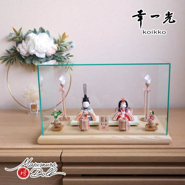 幸一光作 彩-AYA- 増村オリジナル 正絹西陣織市松(大) 誉勘商店謹製 木製燭台 クリアフラワー桜橘 木製貝桶 アクリルパノラマケース 増村人形店 ケース飾り 10001804