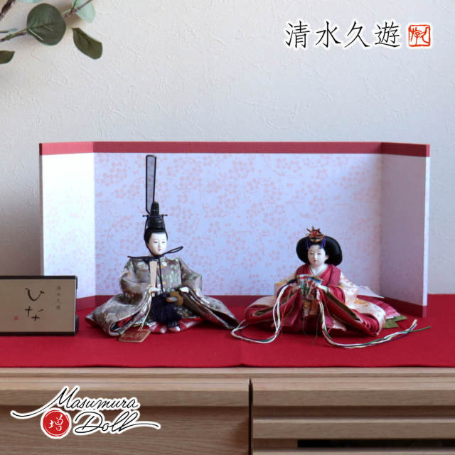 清水久遊作 ひいな 芥子 正絹西陣織「梅共柄」京からかみ屏風「深紅ライン梅丸」 増村人形店 10001841