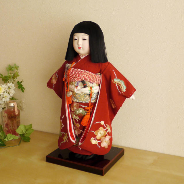 元賀章介作 10号(尺)正絹手刺繍 松竹梅 ワイン色 手塗本漆塗台 増村