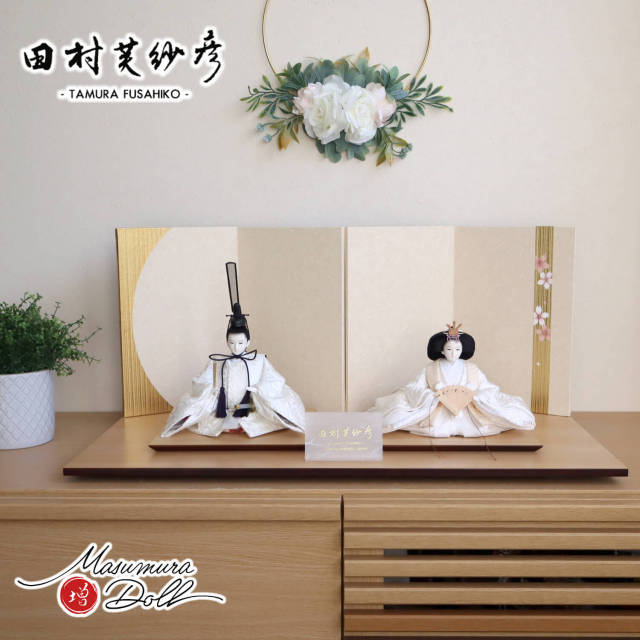 最新作 田村芙紗彦作 正絹西陣織 桐竹鳳凰 純白 無地扇 金ライン手描き桜屏風 ナチュラル杉製平台 増村人形店 10001914