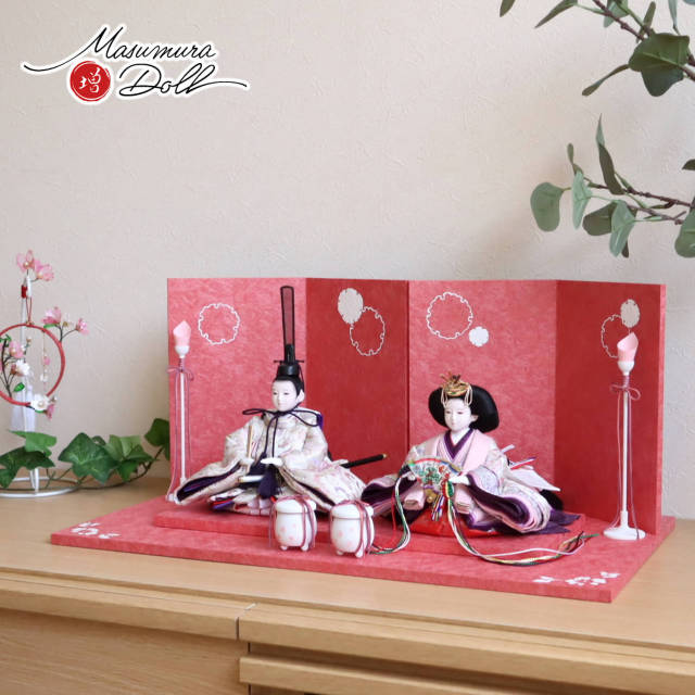 最新作 華峰作 芥子 西陣織 唐花クリーム 雪輪牡丹 盛上手描きセット 木製白塗燭台 貝桶 増村人形店 10001513