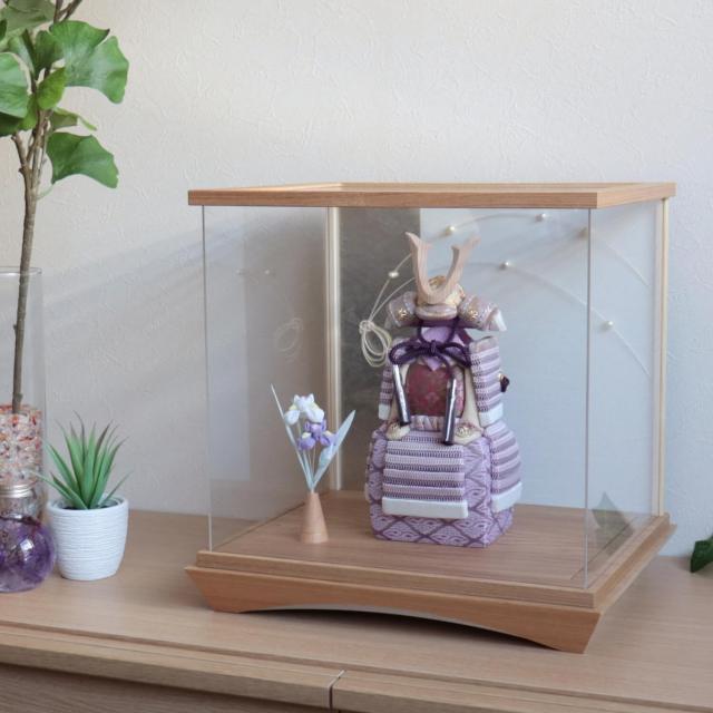 五月人形 ケース飾り 兜 鎧 木 柿沼東光作 正絹西陣織 淡藤色木目込み