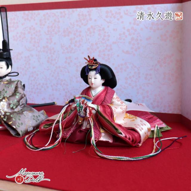 清水久遊作 ひいな 芥子 正絹西陣織「梅共柄」京からかみ屏風「深紅