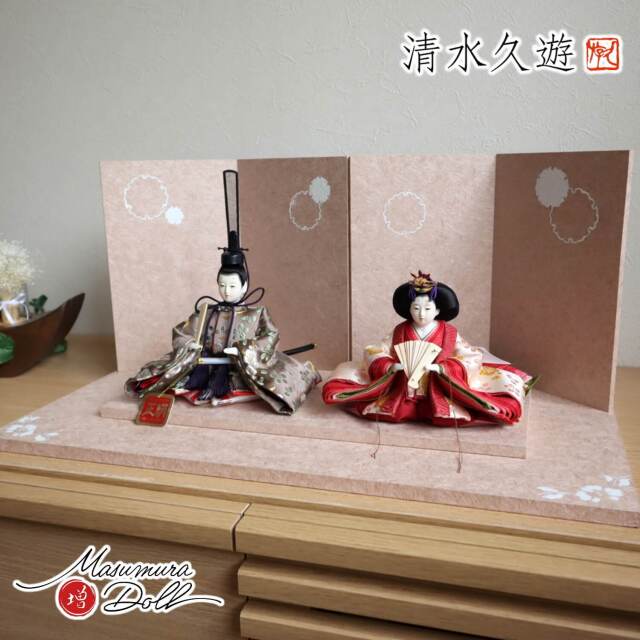 清水久遊作 ひいな 芥子 正絹西陣織「梅共柄」無地扇 雪輪牡丹 盛上手描きセット 増村人形店 10001837