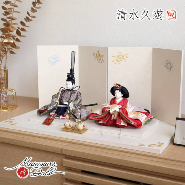 清水久遊作 ひいな 芥子 正絹西陣織「梅共柄」無地扇 「手描き金銀盛上牡丹」セット クリアフラワーゴールド梅 増村人形店 10001845