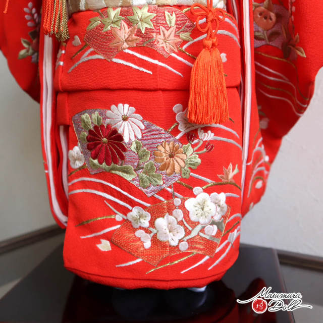 赤 鶴刺繍 市松人形着物12号夏若緑 元賀章介作 12号(尺二) 高級 本帯スワトウ刺繍 手刺繍 波に扇面