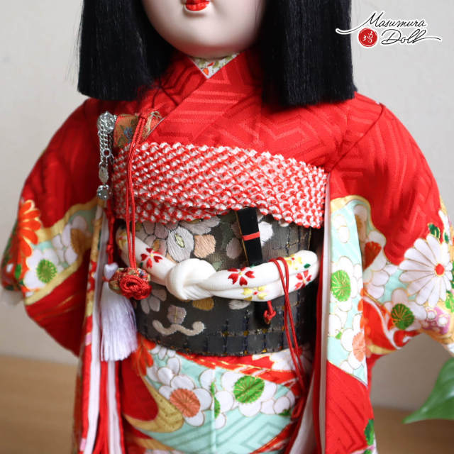 元賀章介作　市松人形 正絹京染 元賀章介作 15号(尺五) 頭師：松乾斎東光 桐塑 本頭 赤色 正絹