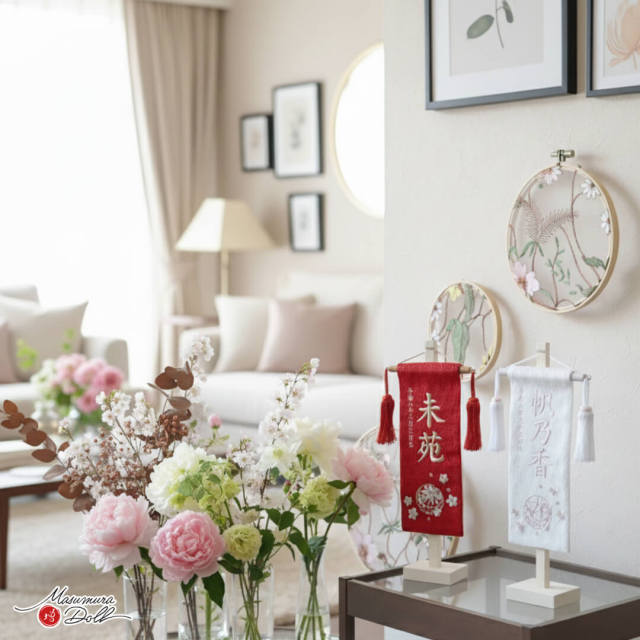 名前旗 女の子 かわいい 雛人形 名前旗 おしゃれ 刺繍 選べる 2種類 ジャガード刺繍名前旗 ミニ 赤マリ 白マリ 増村人形店 MMN3507