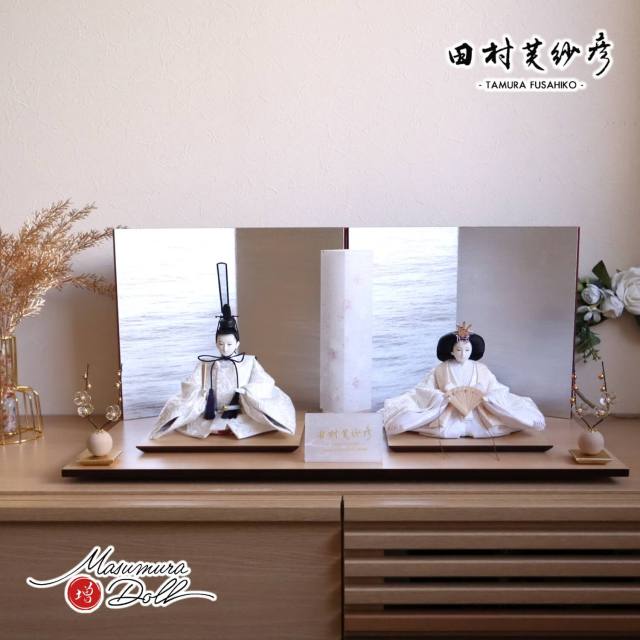 最新作 田村芙紗彦作 正絹西陣織 桐竹鳳凰 純白 無地扇 銀済美箔屏風 桜和紙あかりスタンド クリアフラワーゴールド梅 ナチュラル杉製平台 増村人形店 10001917