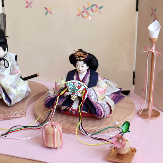 華峰作 柳三寸 正絹西陣織 桜紫クリーム 共柄 屏風 螺鈿七宝柄