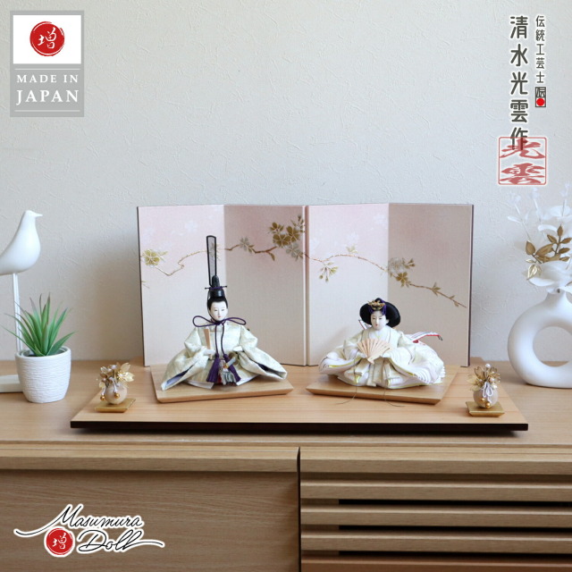 最新作 伝統工芸士・清水光雲作 柳サイズ 正絹西陣織 水色市松織 箔入り パステル 共柄 無地扇 桜ぼかし金銀桜屏風 クリアフラワーゴールド桜 ナチュラル杉製平台 10002606