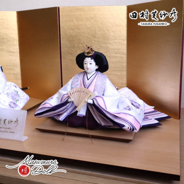 御所人形 有風作 紫色の美しい工芸品 最新作 田村芙紗彦作 紫桜リボン刺繍 無地扇 済美箔屏風