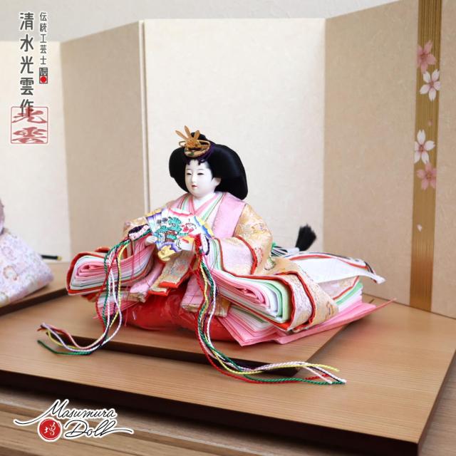 二面組子屏風　日本製　花台付き【一点物】未使用 雛人形 最新作 伝統工芸士・清水光雲作 25号 芥子 正絹西陣織 宝相華
