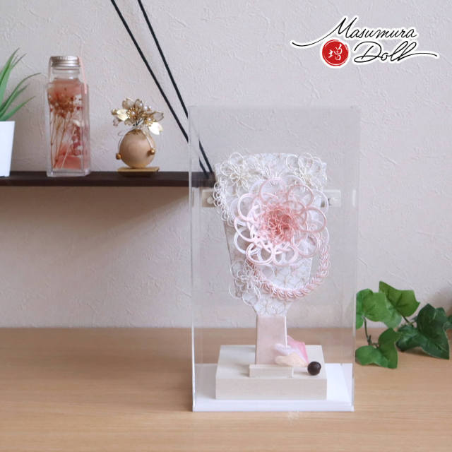 アクリルケース羽子板 最新作 アクリルケース 6号水引羽子板 ピンク七宝地 木目塗アイボリー