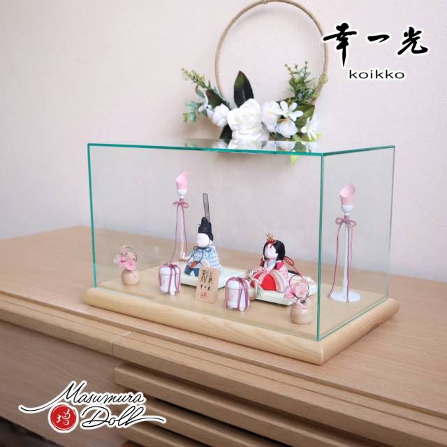 幸一光作 彩-AYA- 増村オリジナル 正絹西陣織市松(小) 誉勘商店謹製 木製燭台 ナチュラル丸玉桜 木製白塗貝桶 アクリルパノラマケース 増村人形店 ケース飾り 10001802