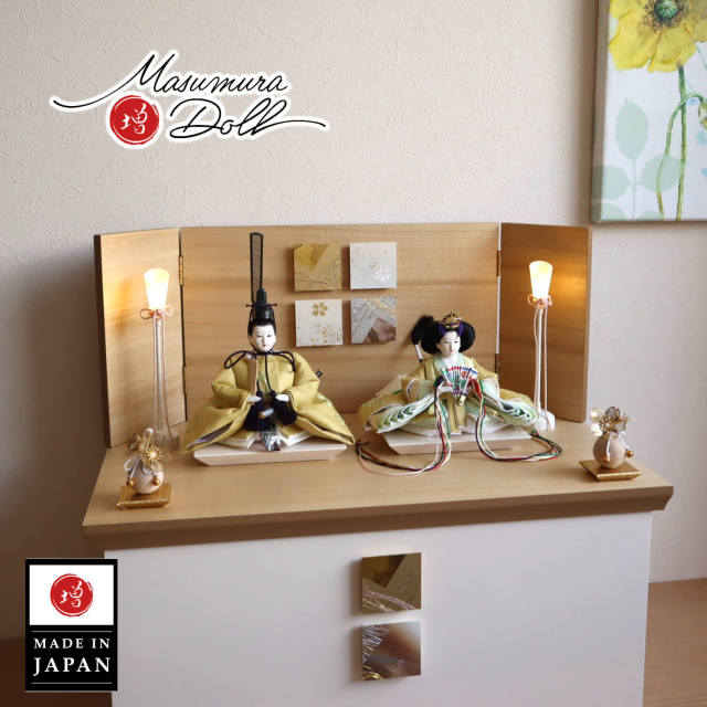 伝統工芸士・清水光雲作 柳サイズ 金茶(黄色)刺繍 正絹西陣織 レリーフ収納 コードレス燭台 クリアフラワーゴールド桜 増村人形店 10001498