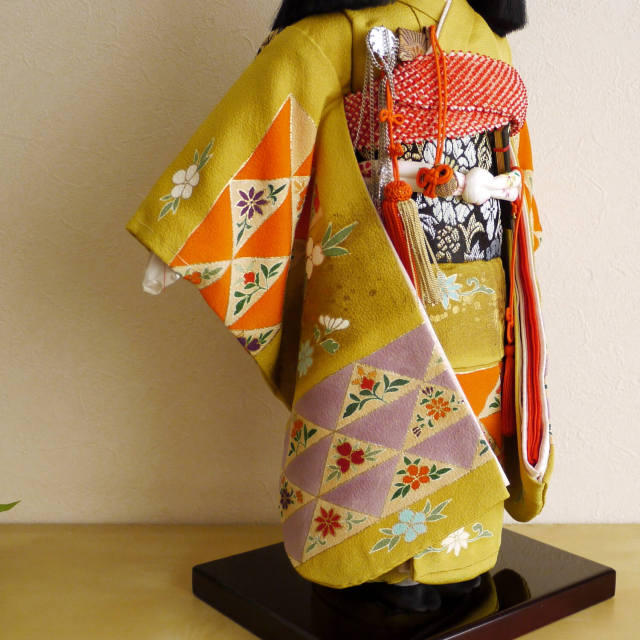 ＊ 市松人形 被布 10号〜12号 ロング ＊ 大正縮緬 正絹 アンティーク 元賀章介作 12号(尺)正絹手描 正倉院模様 カラシ色 台 市松人形