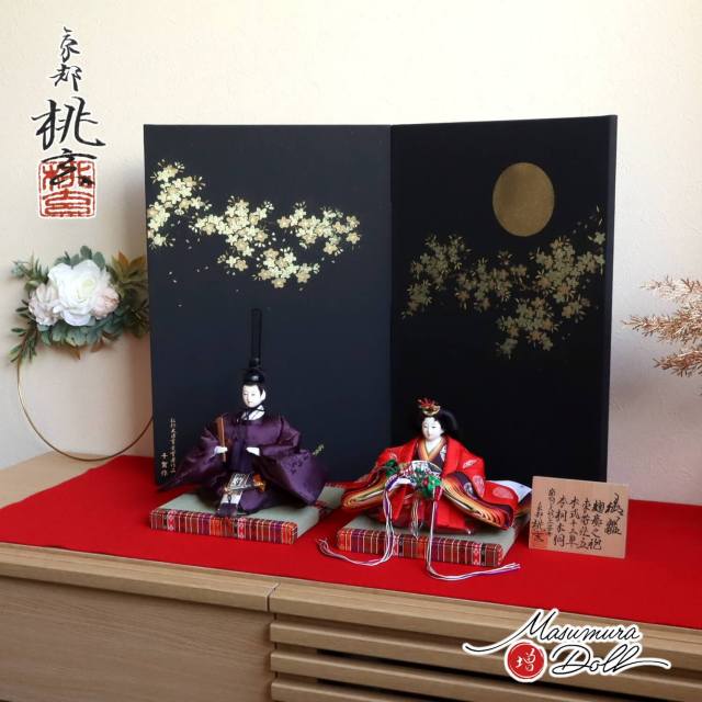 雛人形 新作 京都 桃玄作 京十番正絹西陣織麹塵 有職 蒔絵屏風「月に桜」ひのおまし 昼御座 畳 増村人形店 10002524