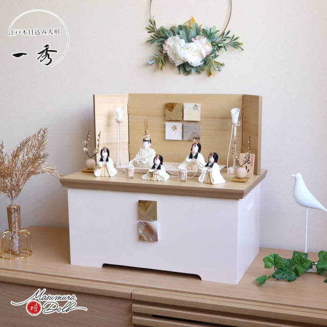 雛人形 コンパクト モダン おしゃれ インテリア ひな人形 おひなさま 一秀 木目込 五人   桃山雛 クリーム かわいい お雛様 雛 親王飾り 増村人形店 MMN3617