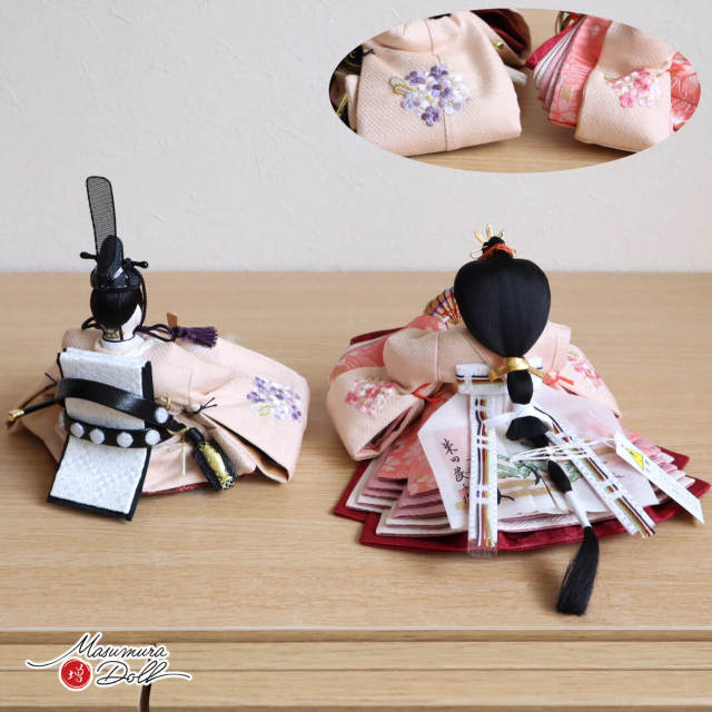 雛人形 新作 柴田家千代作 「結」花束刺繍 金彩 しだれ桜 竹細工 紅白