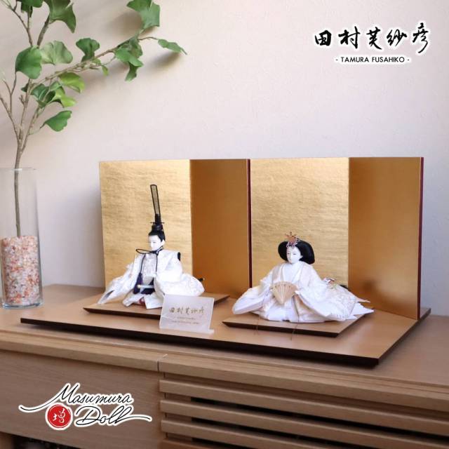 最新作 田村芙紗彦作 正絹西陣織 桐竹鳳凰 純白 無地扇 済美箔屏風 ナチュラル杉製平台 増村人形店 10001915