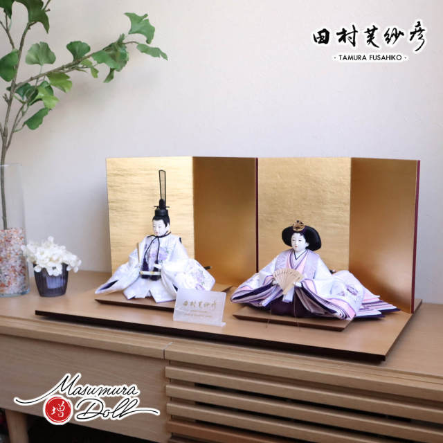 最新作 田村芙紗彦作 紫桜リボン刺繍 無地扇 済美箔屏風 ナチュラル杉