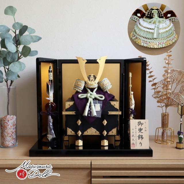 五月人形 伝統工芸士 京北野・平安武久作 京8号淡若竹糸 純金箔押小札 金具付京製紗張り櫃 国産黒塗枠箔押屏風 国産本藤巻弓太刀 黒塗平台 増村人形店 10002319