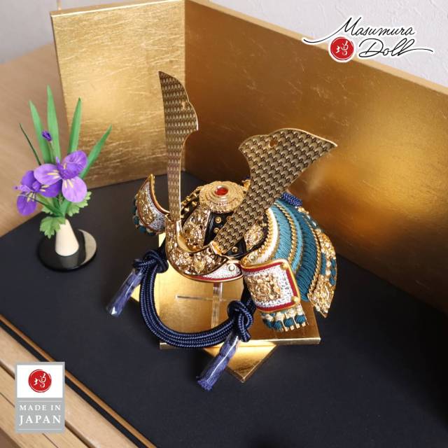 伝統工芸士 誠山作 7号 紺糸縅兜 無双結び 金小札 陽凪(ひなぎ)平台セット 金屏風 アヤメ飾り 増村人形店 10001910