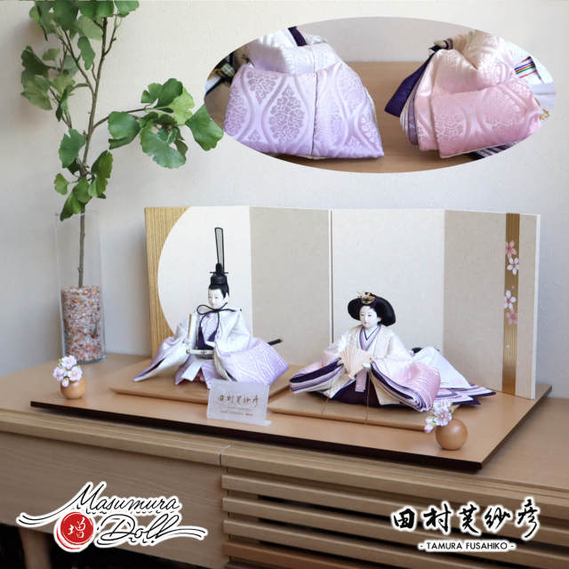 最新作 田村芙紗彦作 有職雛 藤×桃ぼかし染 雲立涌紋 無地扇 金ライン手描き桜屏風 丸玉ちりめん桜 ナチュラル杉製平台 増村人形店 10002138