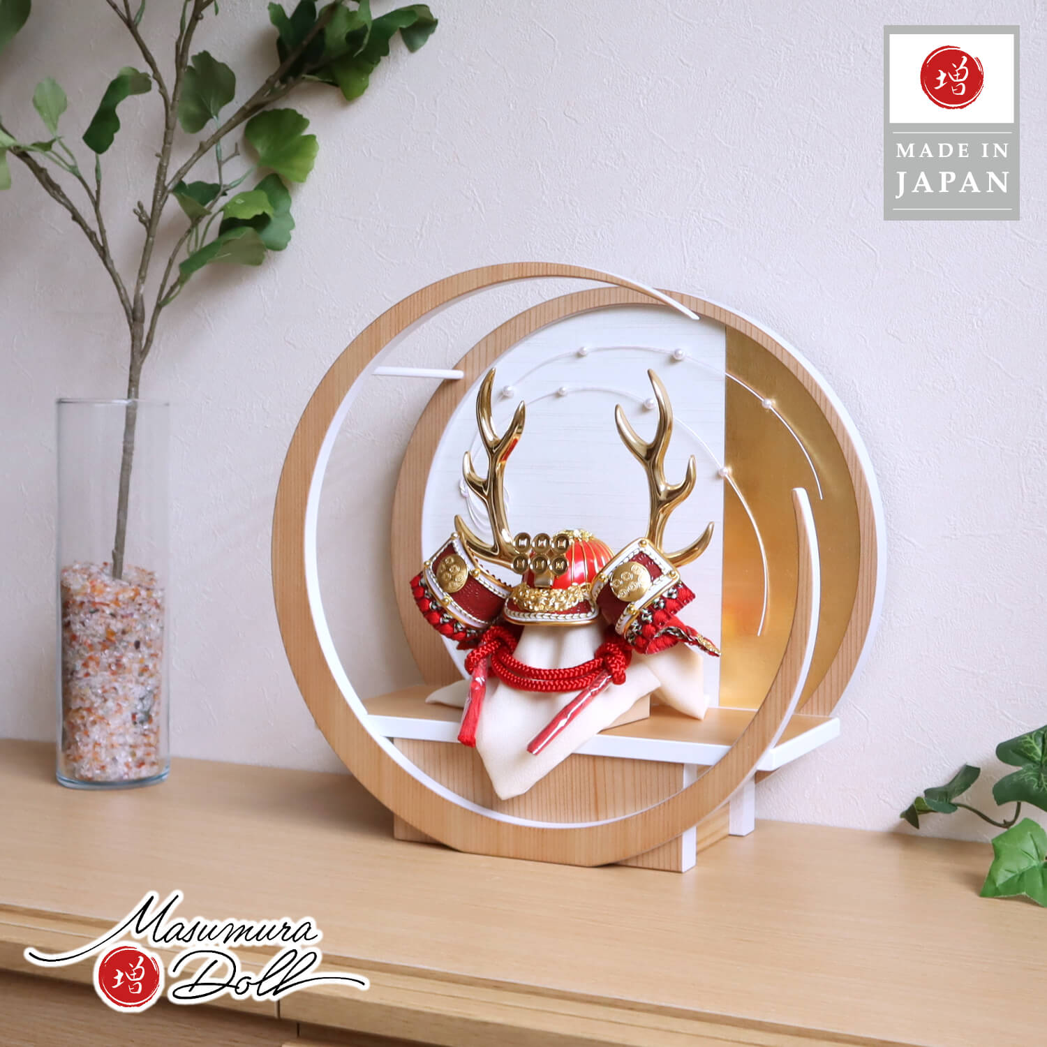 五月人形  完全日本製レッド ゴールド 武将 真田幸村 兜 月-tsuki-水引 パール 日本製円形ナチュラル杉飾り 増村人形店 10001434