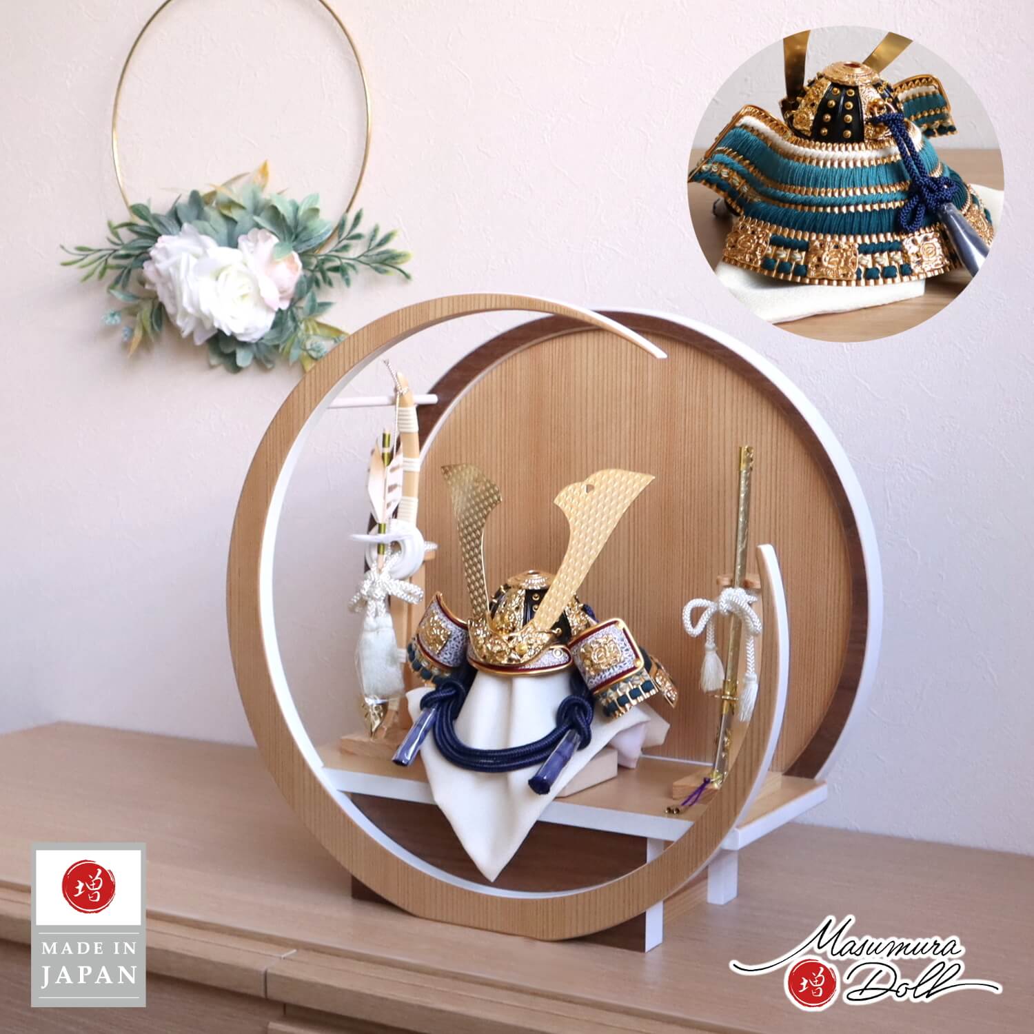五月人形 伝統工芸士 誠山作 7号 紺糸縅兜 無双結び 金小札 37A 月-tsuki- 日本製円形ナチュラル杉 ウォールナット飾り ヒノキ製本藤巻弓太刀 増村人形店 10001929