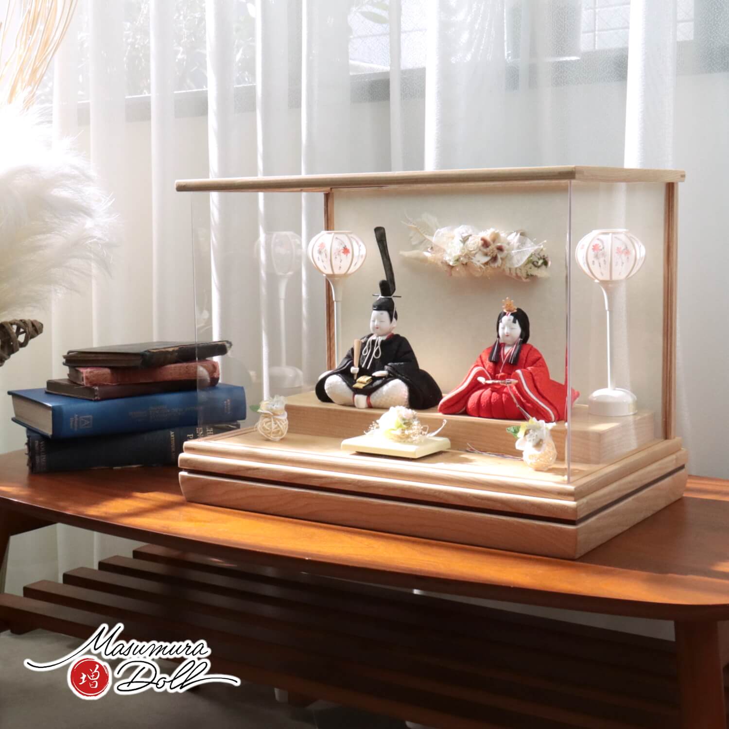 雛人形 柿沼東光作 優花雛 正絹西陣織 白木枠パノラマ アクリルケース 和紙バック かぶせ式 アートフラワー 桜 ラタン 増村人形店 ケース飾り 10002249