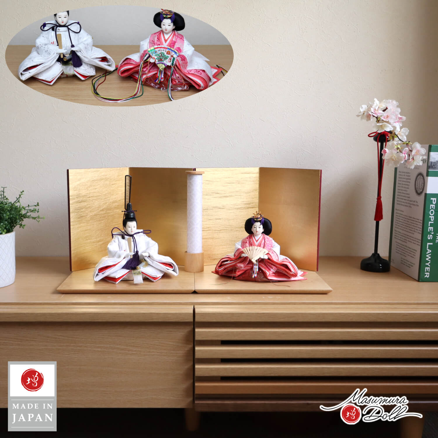 雛人形 華峰作 芥子親王 西陣織白ピンク唐草 無地扇 済美箔屏風 セパレート型台飾り 七宝 行燈 あんどん 増村人形店 10003031