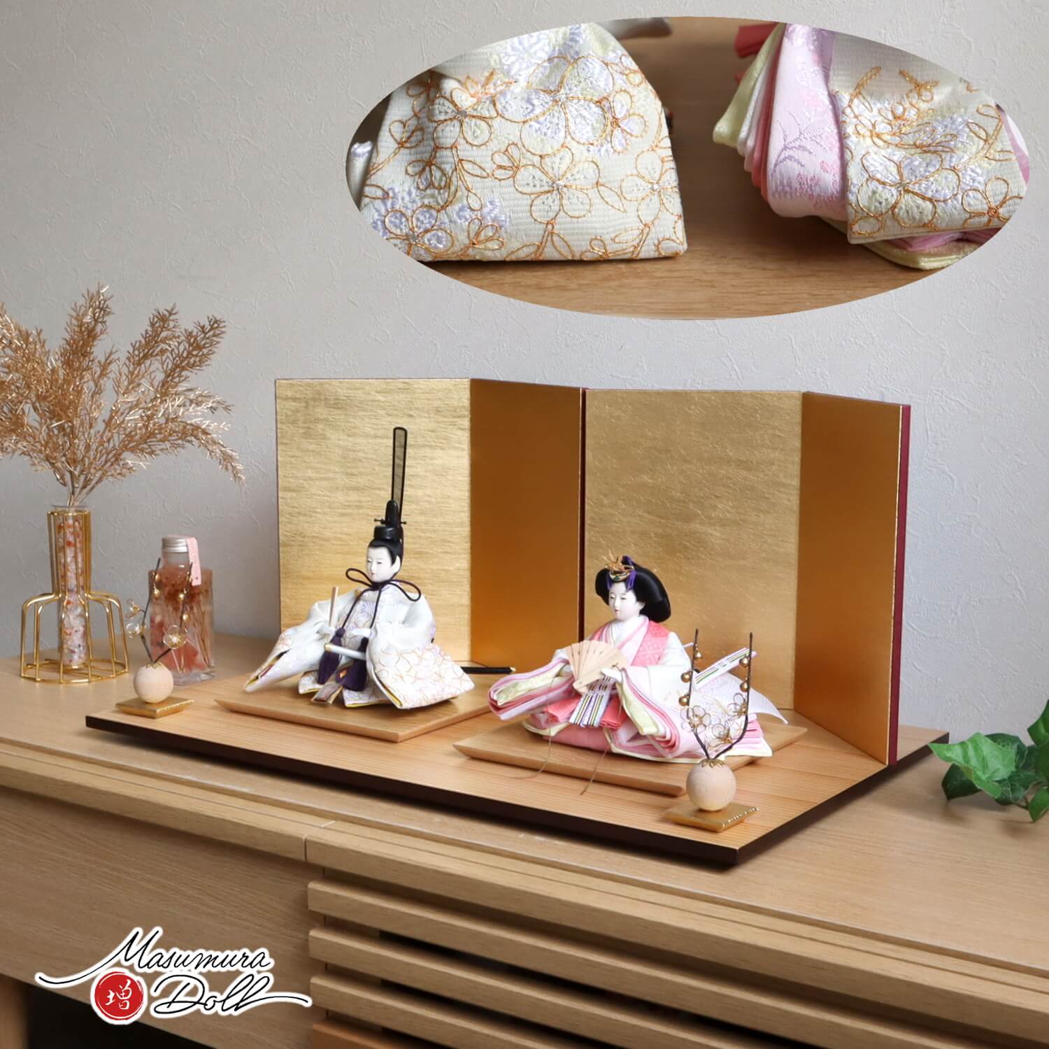 雛人形 最新作 増村人形店 華峰作 芥子 親王 金駒 ホワイト 無地扇 済美箔屏風 クリアフラワーゴールド梅 ナチュラル杉製平台 ymd 10002456