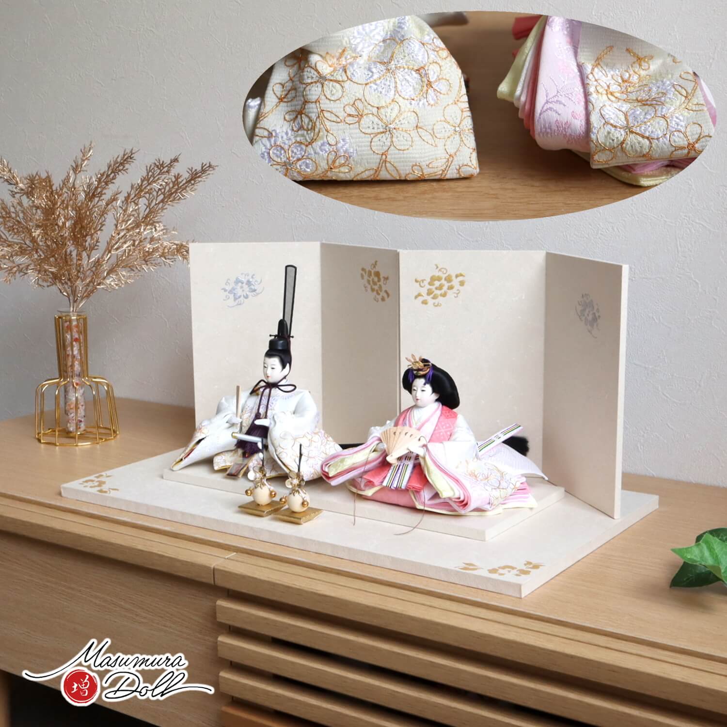 雛人形 最新作 増村人形店 華峰作 芥子 親王 金駒 ホワイト 無地扇 「手描き金銀盛上牡丹」セット クリアフラワーゴールド梅 ymd 10002460