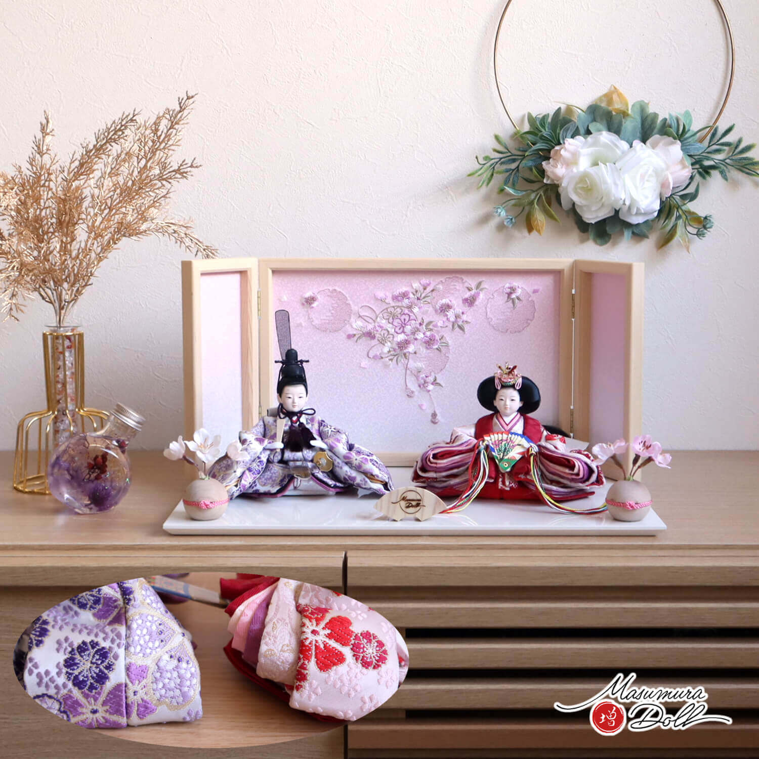 雛人形 新作 増村オリジナル 柳 親王飾り 桜尽くし紫赤 ヒノキ枠屏風 本刺繍「ピンクぼかし雪輪リボン桜」丸玉桜 ピンク紐 iwa 増村人形 10002974
