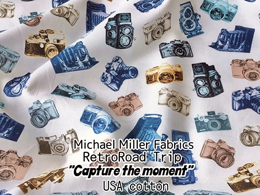 お買い得！【コットン USAプリント】　Michael Miller Fabrics ＊ Retro Road Trip 『 Capture the moment 』      アイボリー